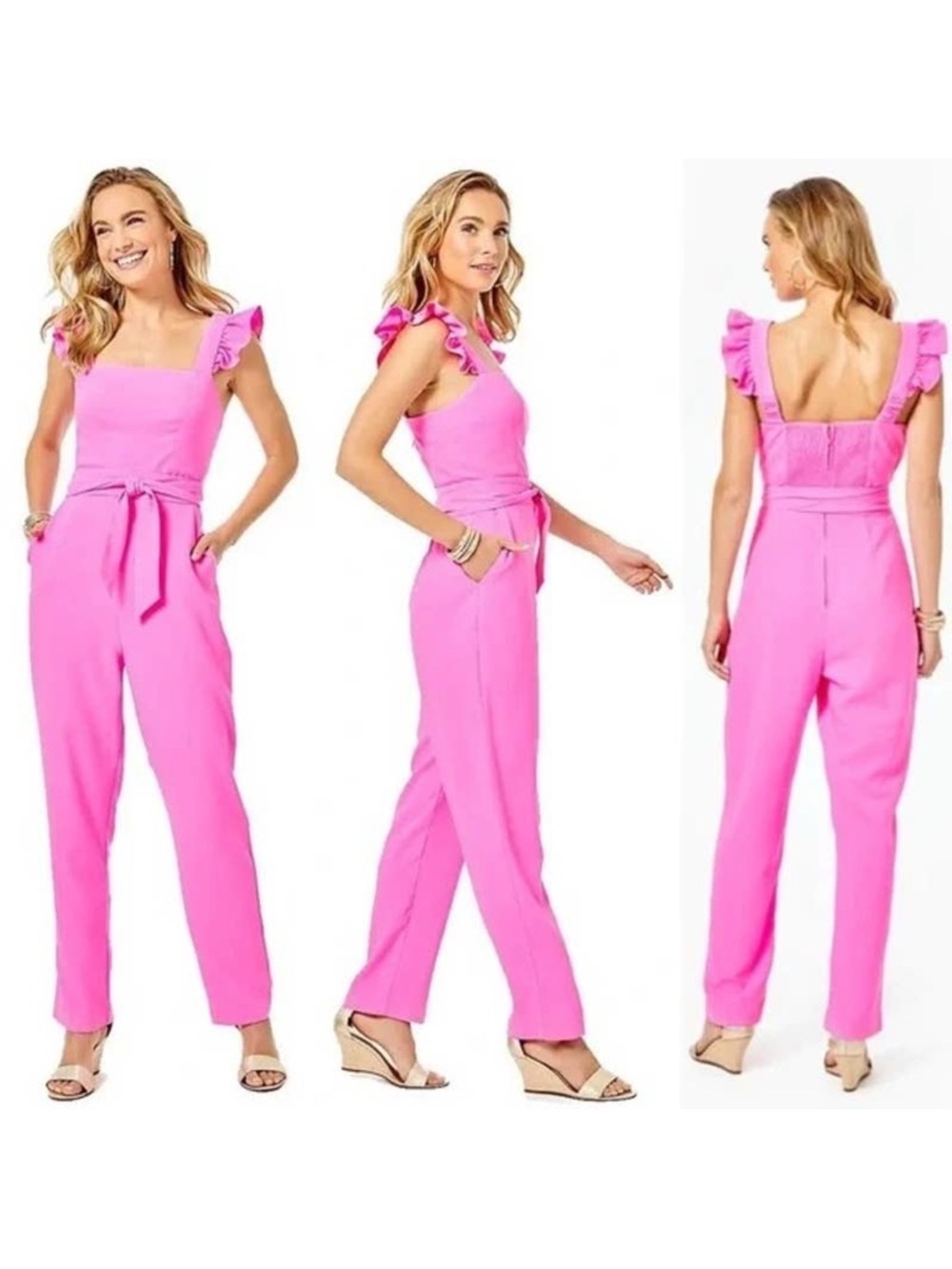 Lilly Pulitzer Eppley Pink Sleeveless Ruffle Smocked Jumpsuit Women’s Sz 6